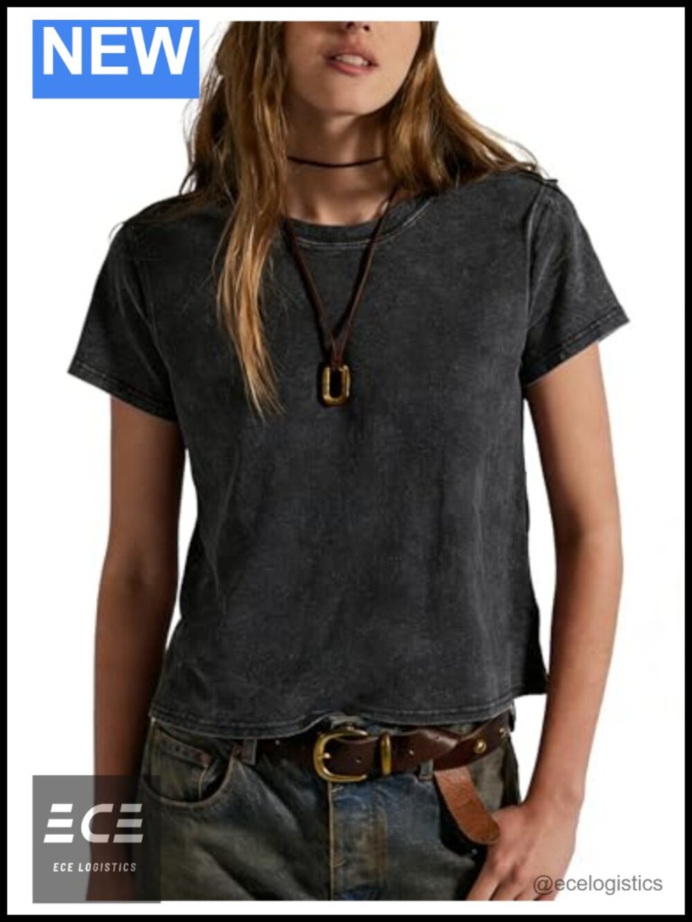 Womens Vintage Washed Cropped Cotton T-Shirt Crew Neck Casual Top